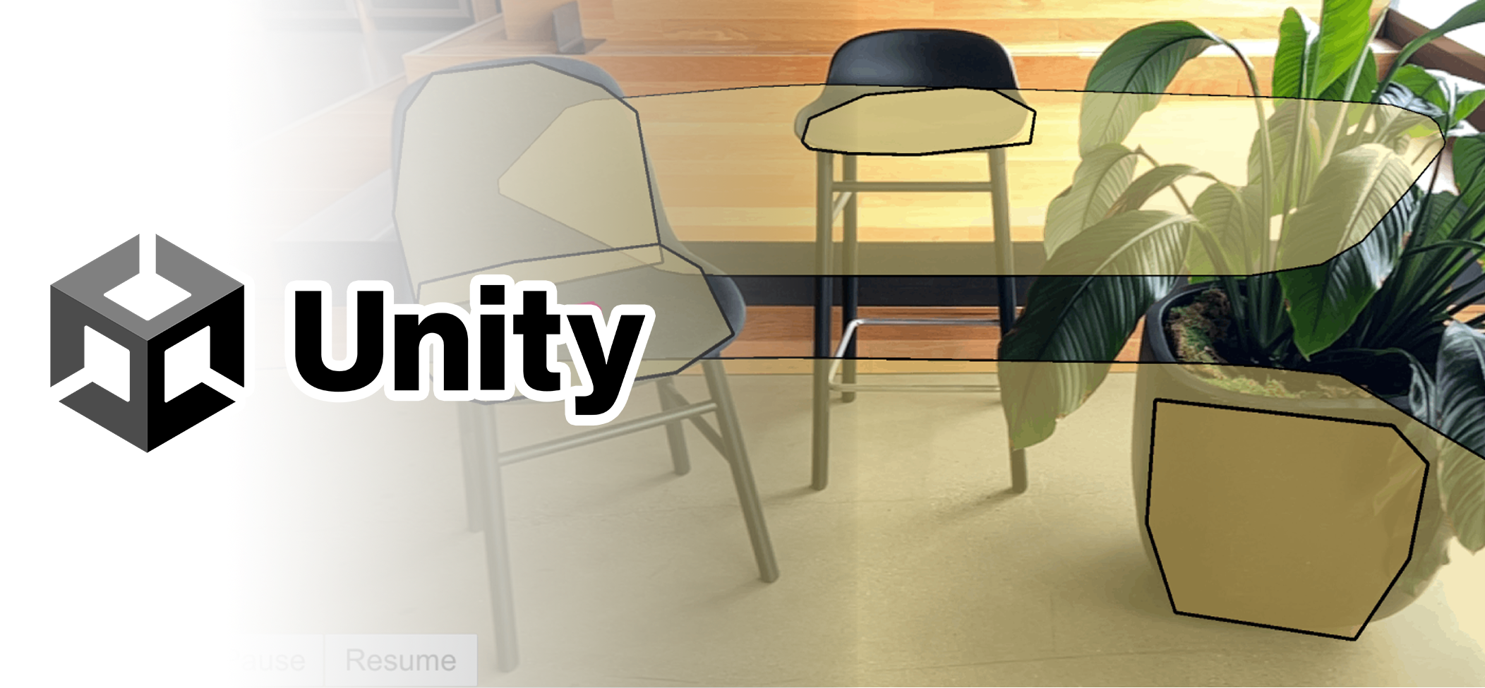 Detected planes and bounding boxes traced over a photo of a room, beside the Unity logo