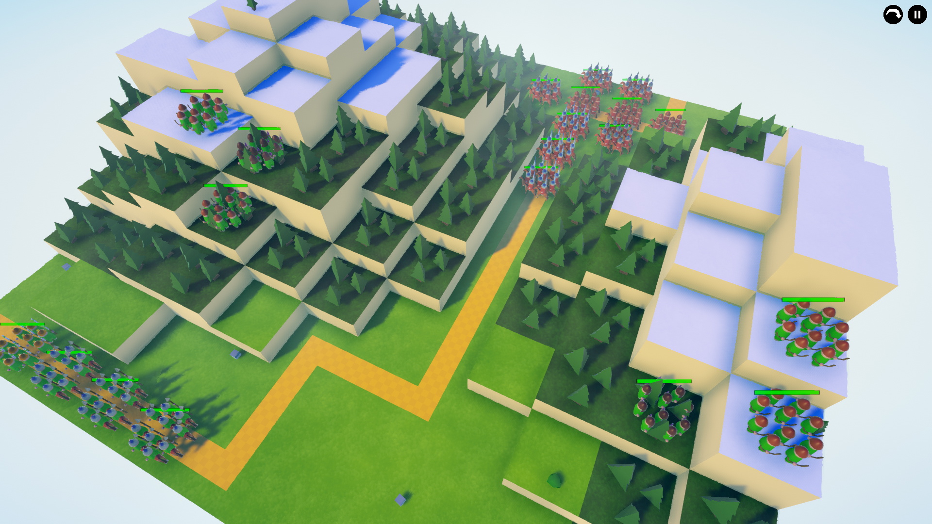 A tactics battle on a blocky terraced map, red and blue units facing each other across forested cliffs