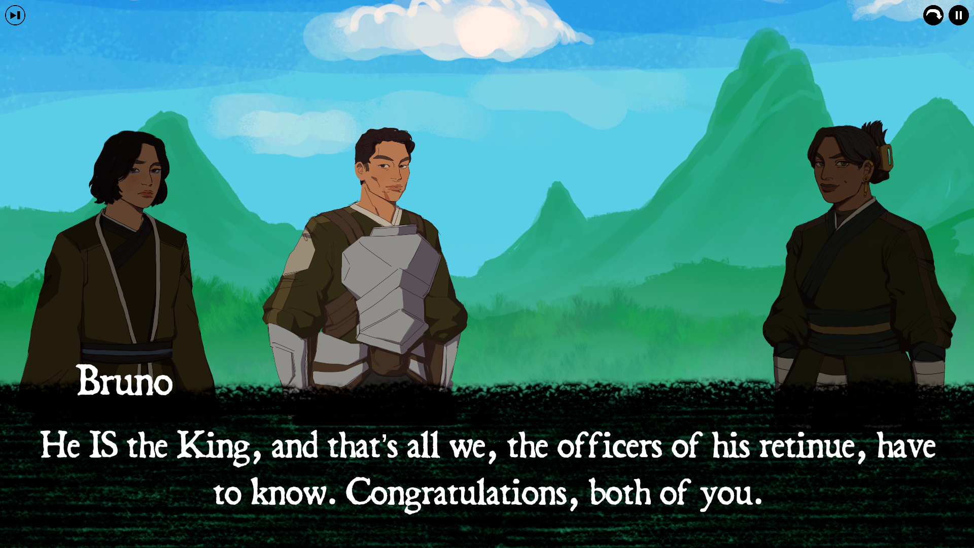 A dialogue scene: three characters in olive uniforms stand before green mountains while Bruno speaks