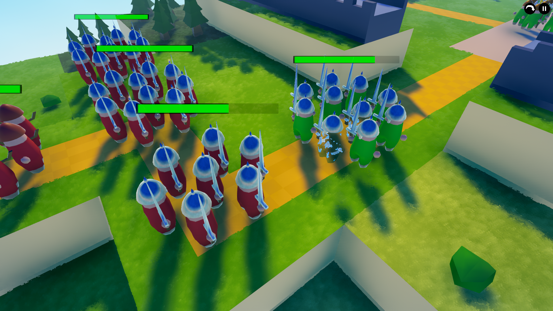 A close view of a skirmish, a formation of red-uniformed soldiers advancing on green-uniformed ones