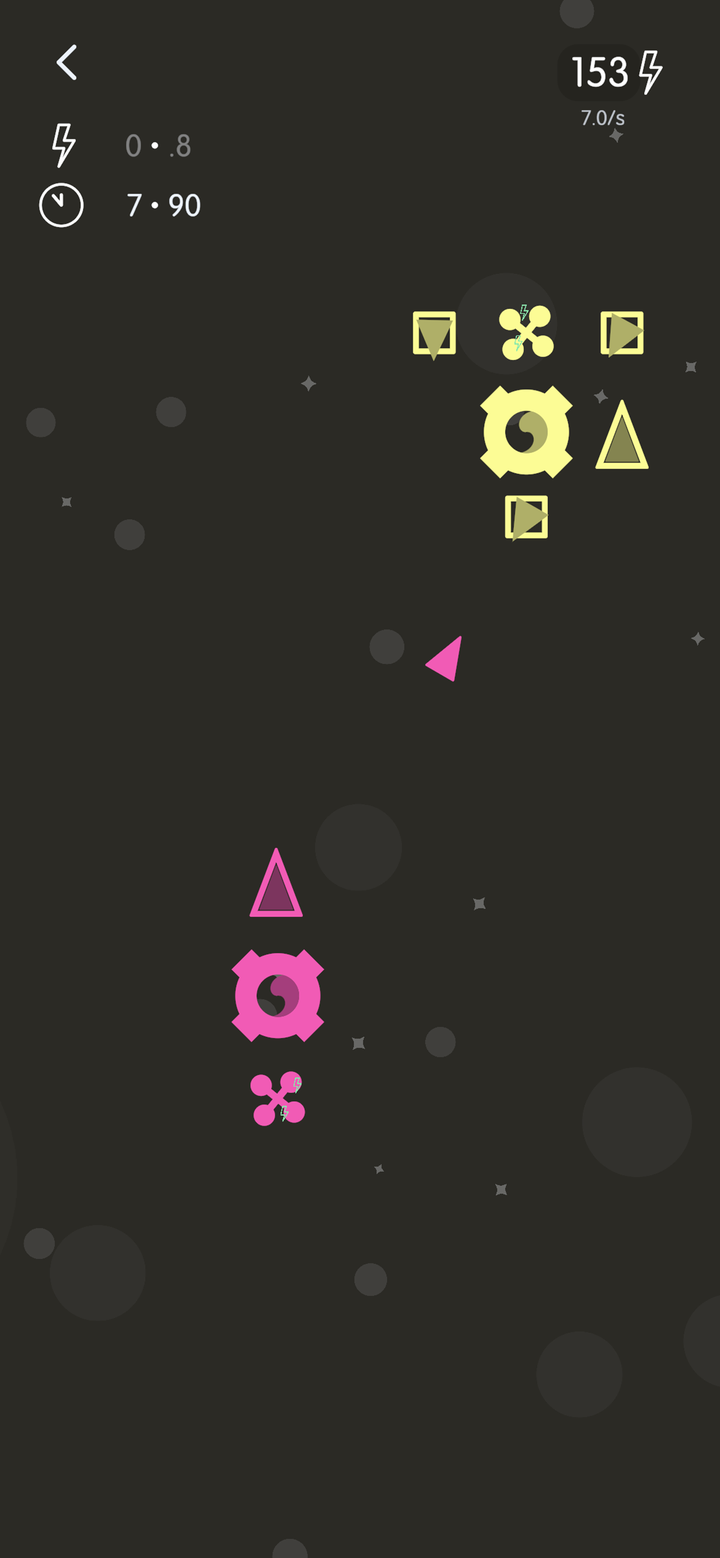 An early-game position in OVH, a yellow player's cluster of structures facing a pink player's across empty space