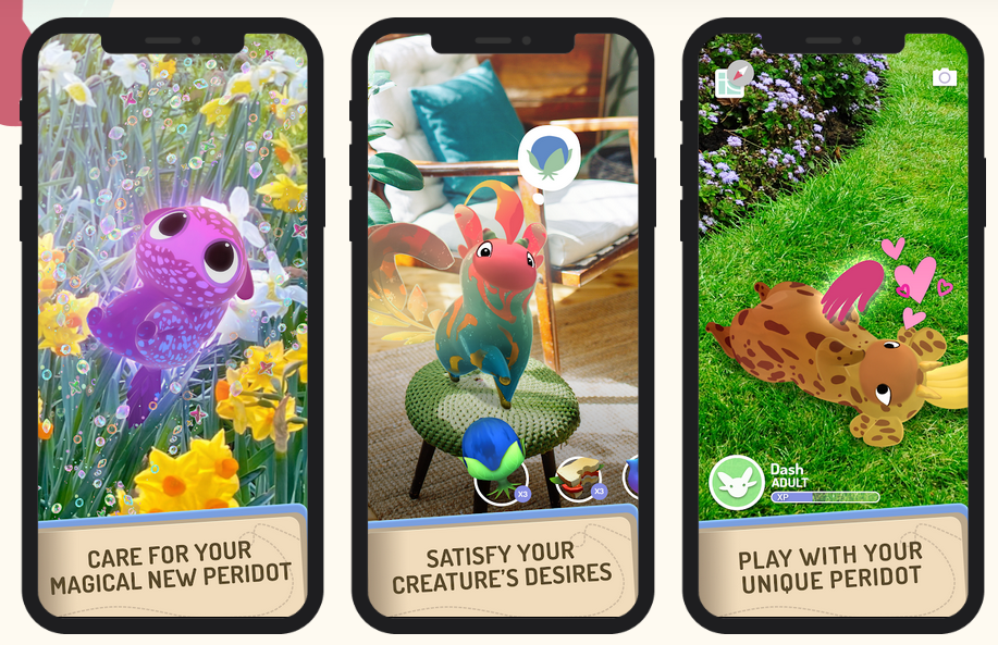 Three phone screens showing Peridot creatures placed in a flower bed, on a living-room ottoman, and rolling in the grass
