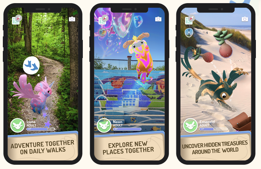 Three phone screens showing Peridots on a forest trail, beside a mosaic wall, and digging in beach sand