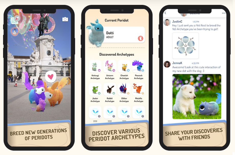 Three phone screens showing Peridots breeding in a city square, a grid of discovered archetypes, and a chat where friends swap creature photos