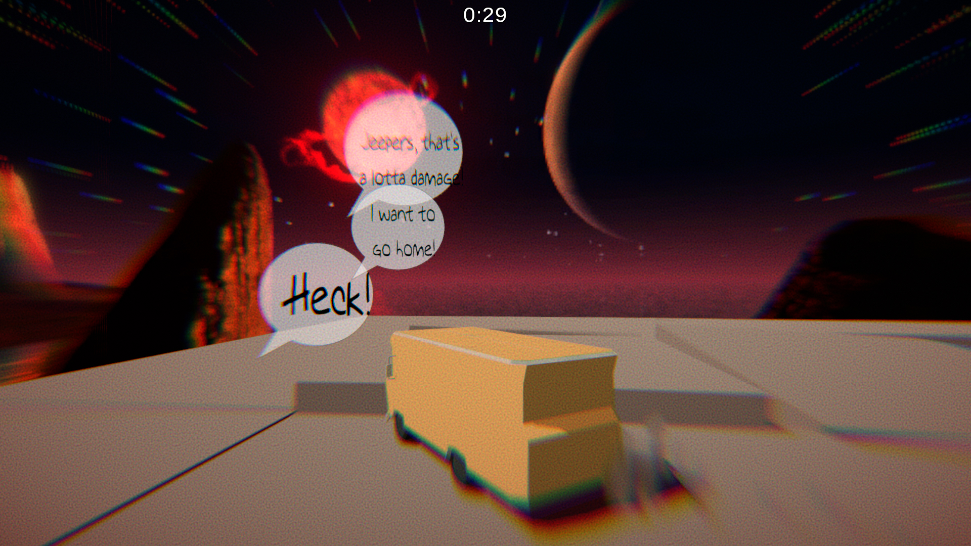 An RV on a road through deep space, with speech bubbles reading "Heck!" and "I want to go home!"