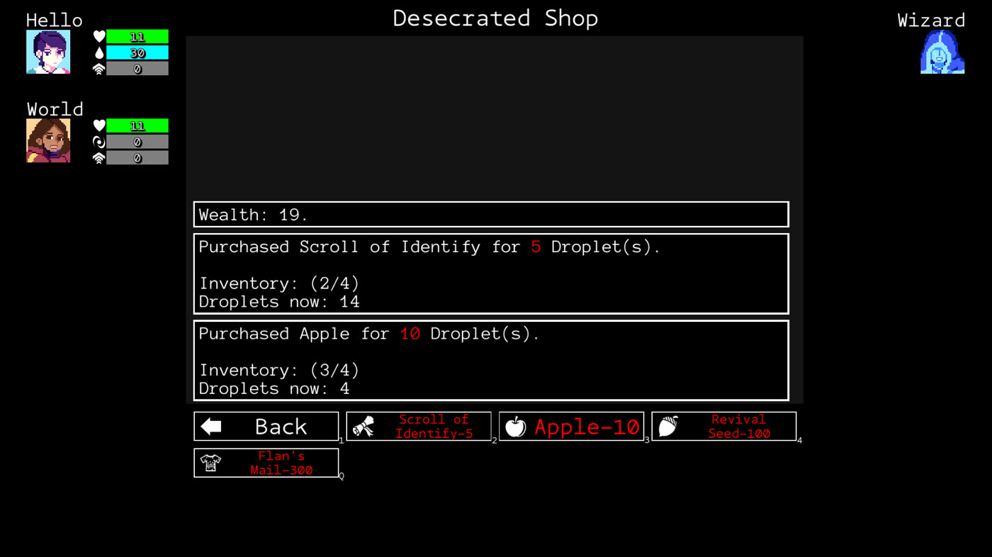 The Desecrated Shop screen, a text log of purchases above item buttons for a Scroll of Identify, an Apple and a Revival Seed