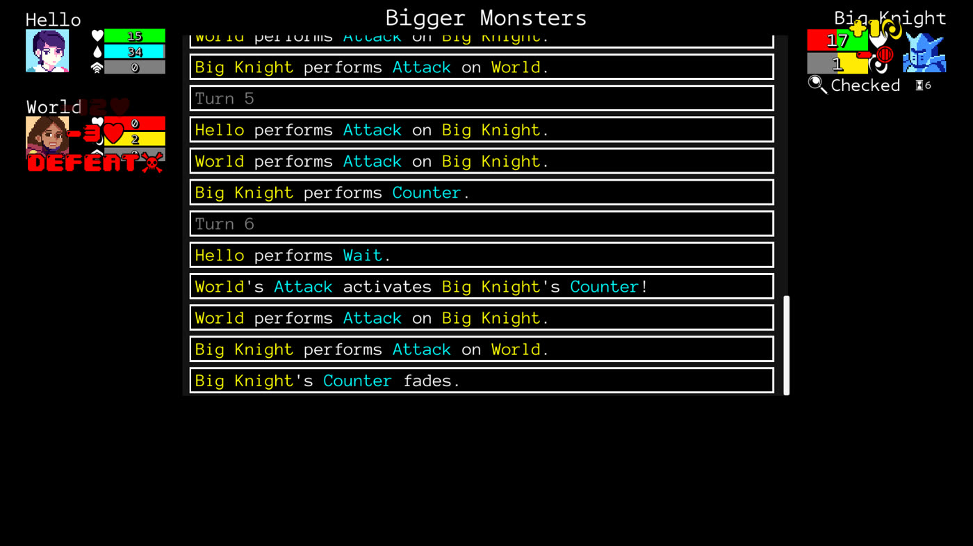 A turn-based battle log titled "Bigger Monsters", showing attacks and counters traded between the party and a Big Knight