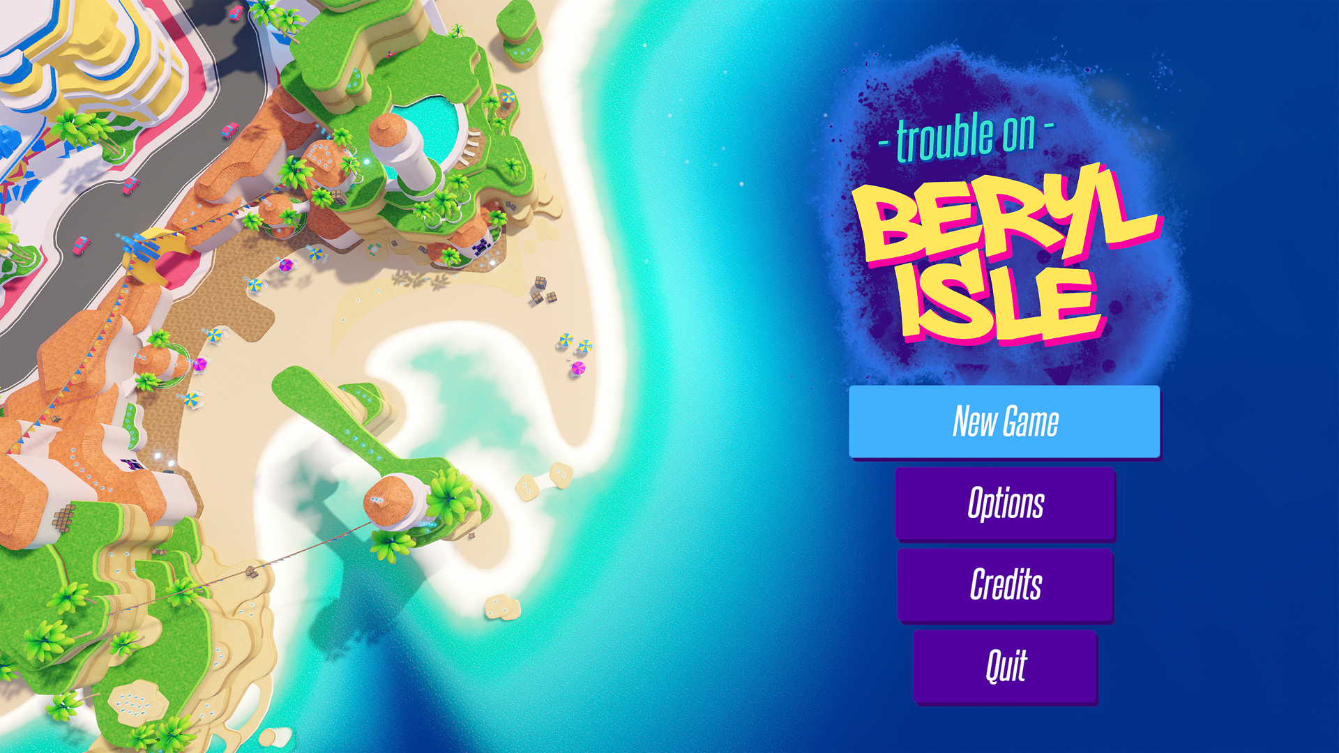 The Trouble on Beryl Isle title screen, an overhead view of the island's beach and resort beside the game's logo and menu