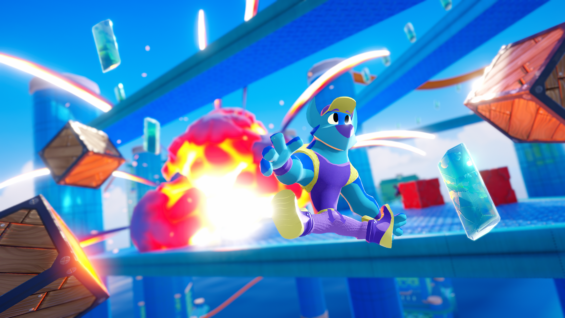 The player character, a blue and purple masked hero, leaping away from an explosion across floating platforms