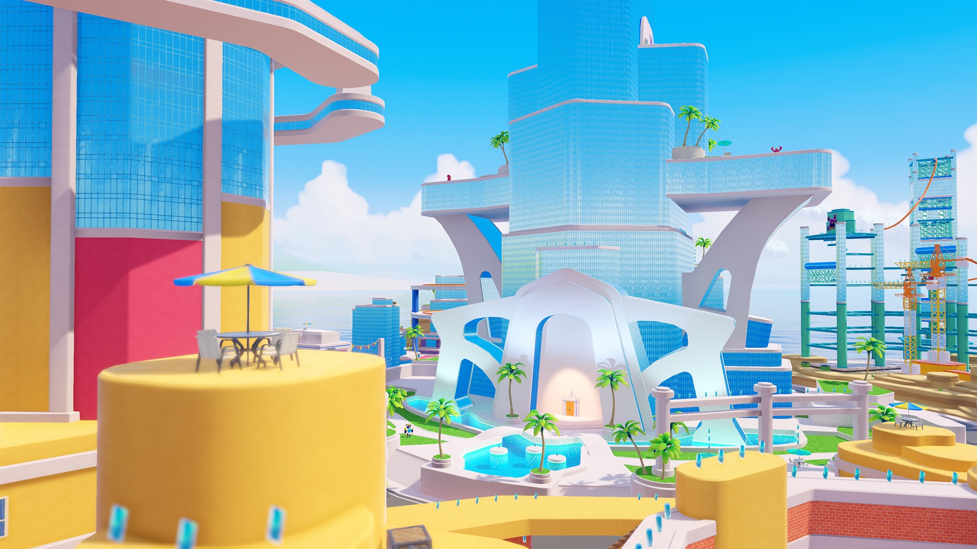A sunlit resort city of blue glass towers and yellow terraces above a calm sea